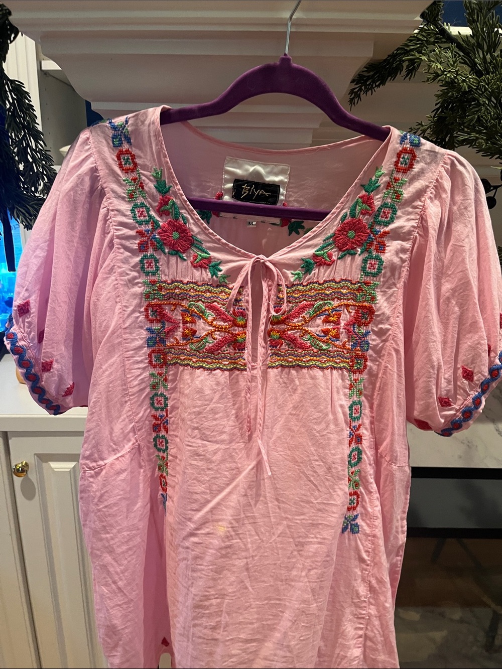 Johnny Was Pink Embroidered Boho Tie-Neck Blouse - Picture 1 of 7